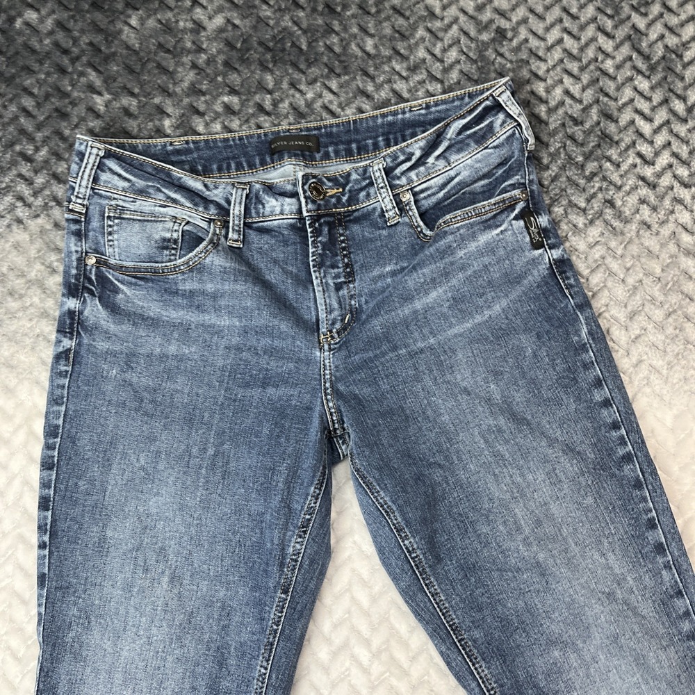 Silver Jeans Co. Elyse Women's W31/L33 Dark Wash Slim Boot Distressed Stretch - Picture 5 of 10